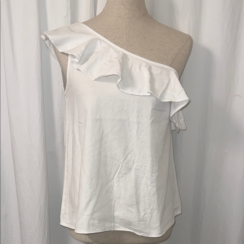 Madewell One-Shoulder Ruffle White Cotton Top SZ 2